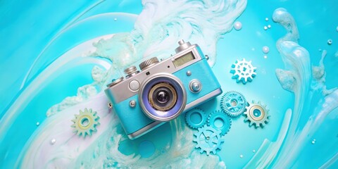 A vintage blue camera with a silver finish rests on a blue and white abstract background with gears and swirls.