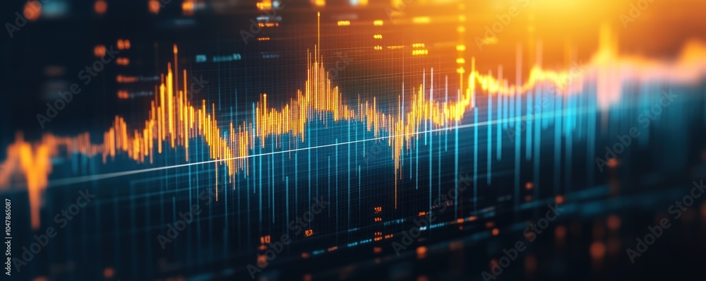 Poster Abstract digital data visualization with blue and orange lines, representing growth and fluctuation in data.