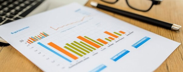 Close-up of a business report with bar charts and graphs.