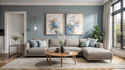 Fototapeta premium A modern living room featuring a comfortable sectional sofa, a stylish coffee table with a contemporary design, and a pair of abstract art pieces.