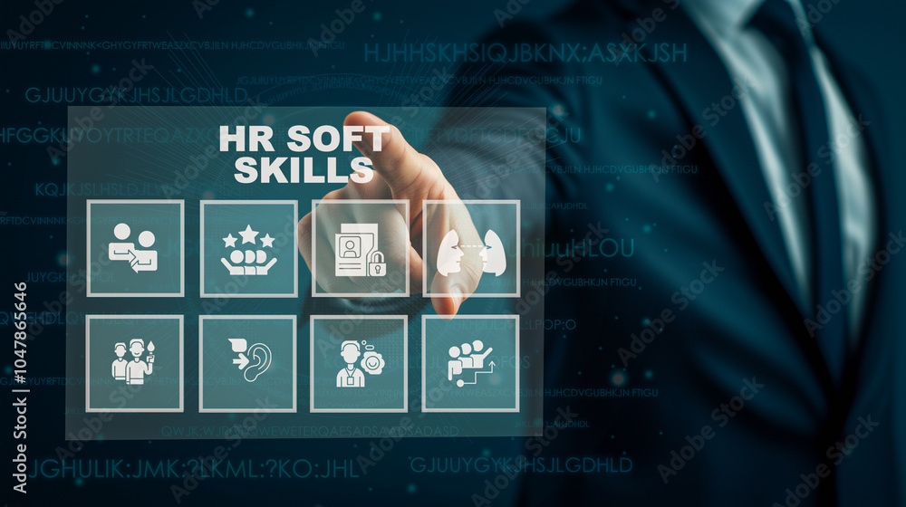 Poster hr professional utilizing a digital interface to manage and highlight essential hr soft skills, show