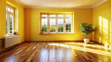 Obraz premium A sunlit empty room with hardwood floors and yellow walls, featuring two large windows with views of lush greenery, a small potted plant, and a white radiator.
