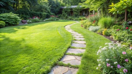 Obraz premium A winding stone path leads through a lush green lawn bordered by vibrant flowerbeds and flourishing greenery.