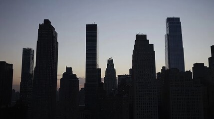 Fototapeta premium Silhouette of skyscrapers against a dusky sky.