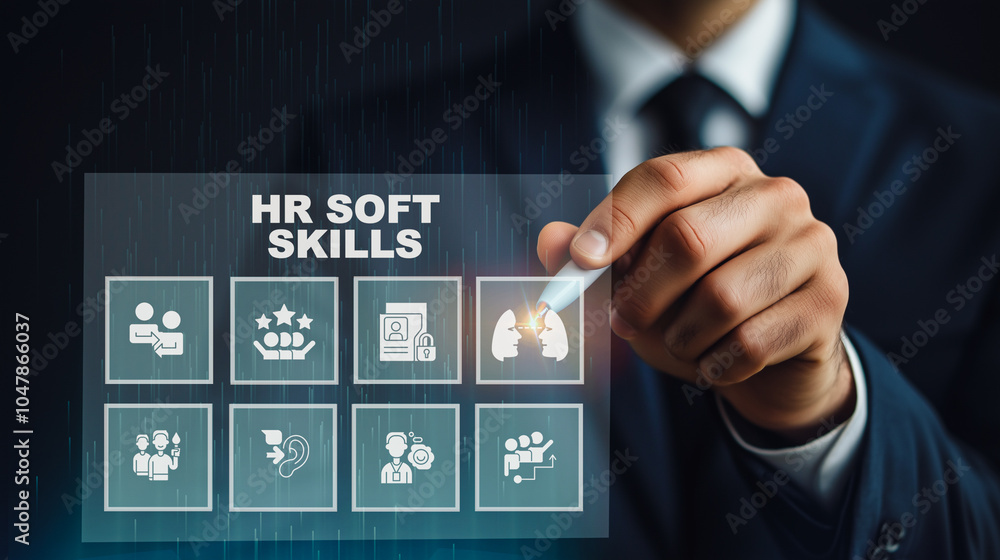 Aufkleber hr professional using a digital interface to manage and highlight key hr soft skills, showcasing lea