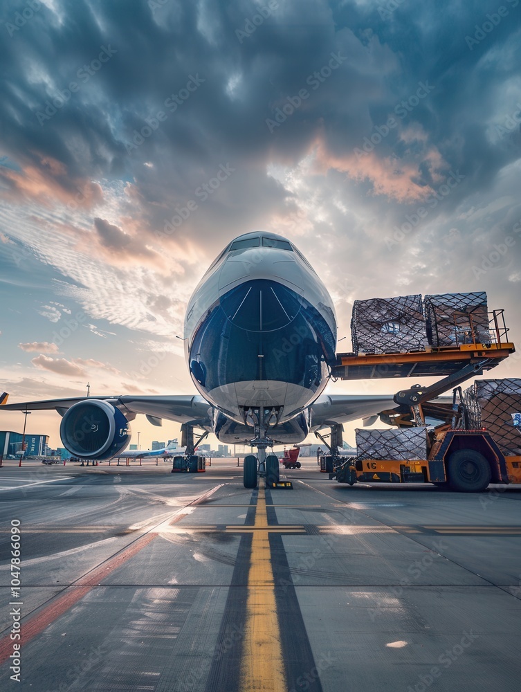 Poster a large cargo airplane sits on the runway as loading equipment transfers goods in preparation for de