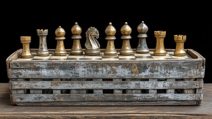 Fototapeta premium A vintage chess set with metal pieces on a wooden board inside a wooden crate.