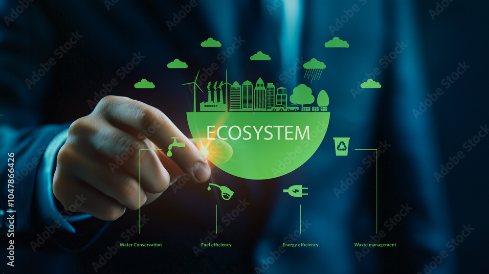 Poster business leader interacting with a digital interface showcasing an 'ecosystem' model, emphasizing su
