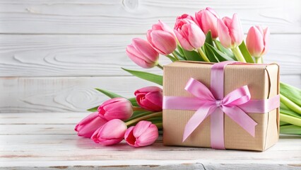 Obraz premium A Gift Wrapped in Kraft Paper Adorned with a Delicate Pink Ribbon, Accompanied by a Bouquet of Pink Tulips on a Rustic Wooden Background