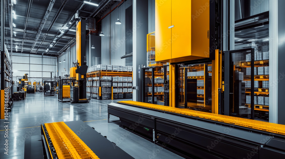 Poster robotic systems organize shelves in a modern warehouse. concept of automation and efficiency. for in
