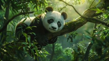 Obraz premium A Curious Panda Cub Perched on a Branch in a Lush Forest