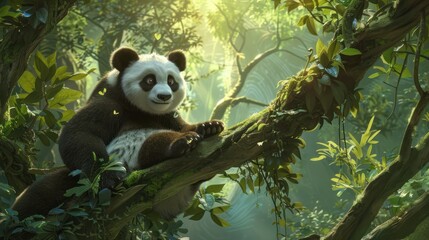 Obraz premium A Panda Bear Perched on a Branch in a Lush Jungle