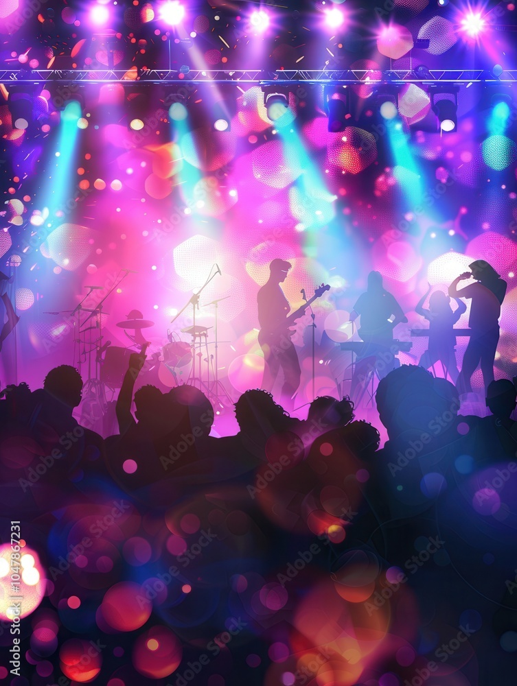 Aufkleber An enthusiastic crowd enjoys a live music performance as vibrant lights illuminate the stage and musicians play passionately. Generative AI