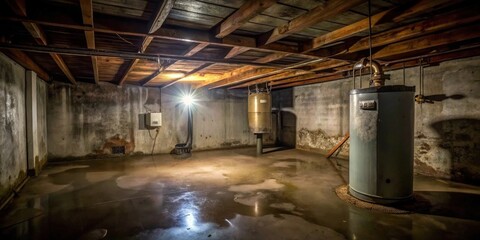 A dimly lit basement with a water heater and a sump pump, featuring exposed wooden beams and a concrete floor