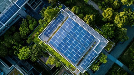 Nature-Inclusive Data Center: Panoramic Aerial View Featuring Solar-Powered Facility Surrounded by Greenery