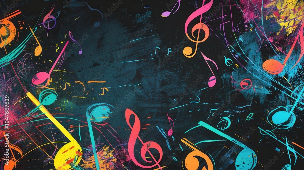 Poster the chalkboard displays a lively mix of colorful brushstrokes intertwined with musical notes and sym