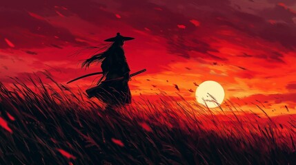 Samurai Sunset:  A lone samurai warrior stands silhouetted against a fiery sunset, his katana drawn, ready for battle. His stoic figure evokes a sense of honor, strength.