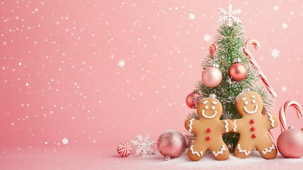 Gingerbread Duo Christmas Cheer:  A festive pair of gingerbread cookies stand arm in arm in front of a miniature Christmas tree, adorned with pink ornaments and candy canes.