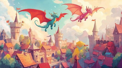 Dragons Soaring Above Medieval Cityscape: Two vibrant dragons, one blue and one pink, take flight over a charming medieval town, their wings outstretched against a whimsical sky.