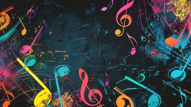 The chalkboard displays a lively mix of colorful brushstrokes intertwined with musical notes and symbols, showcasing artistic creativity. Generative AI