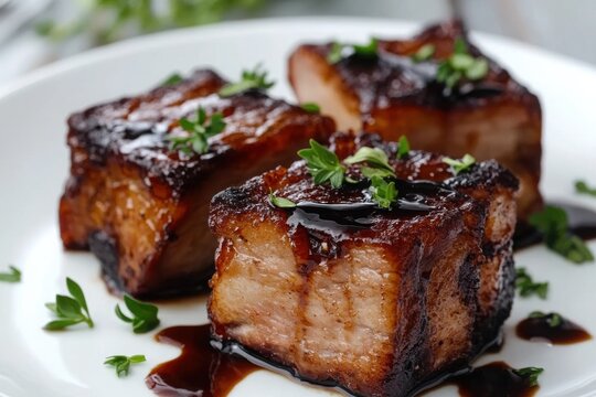 Glazed pork belly cubes with fresh herbs and balsamic dressing on a white plate - Powered by Adobe