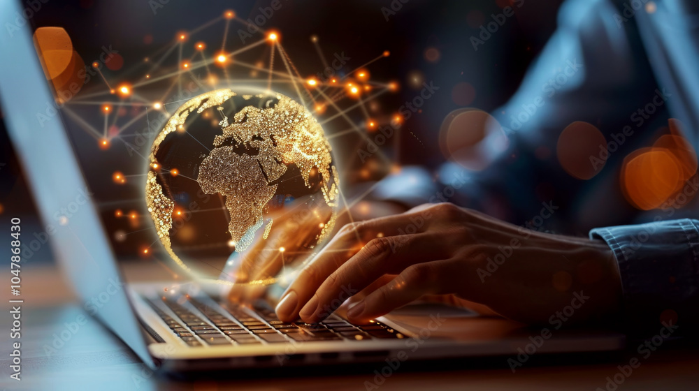 Poster hands type on a laptop keyboard with a glowing digital globe above. concept of global connectivity a