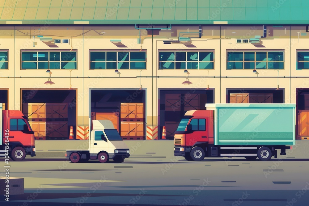Aufkleber multiple trucks and vans are parked at a warehouse, prepared for loading as workers manage shipments