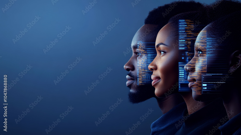 Poster three profiles with digital code overlays are on a blue background. concept of human and technology 