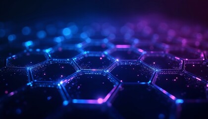 Obraz premium Futuristic honeycomb design with neon hexagons in blue and purple against a dark background for sci-fi effect