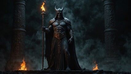 Depict Hades holding the scepter of the underworld, standing at the entrance of the realm, set against dark earth and guarding spirits, symbolizing the power of death and the underworld.