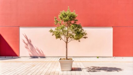 Obraz premium A single tree in a white planter against a backdrop of red and peach walls, casting a shadow on the tiled pavement