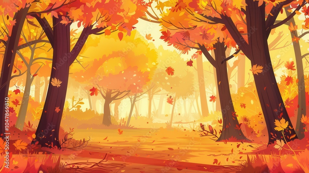 Poster The forest glows with golden light as trees display bright fall foliage, creating a peaceful autumn atmosphere. Generative AI
