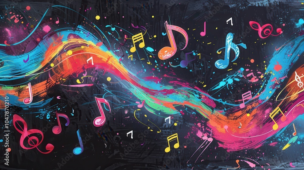 Aufkleber A dynamic display of colorful brushstrokes blends with musical notes, showcasing artistic expression on a chalkboard in a creative environment. Generative AI