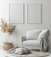 「アームチェア、2つの空白のフォトフレームのモックアップ、ドライフラワーの3Dレンダリングのあるミニマルなリビングルームインテリア」