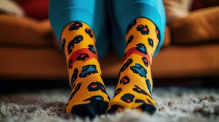 Naklejka premium Closeup view of a person s feet wearing bright colorful patterned socks that exhibit a fun quirky and fashionable style The socks feature a bold graphic design with a mix of vivid colors