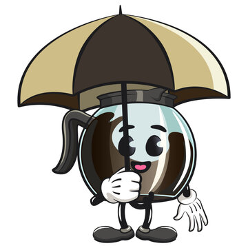 recommend clip art: cool glass coffee pot cartoon mascot character vector illustration with an umbrella, work of hand drawn