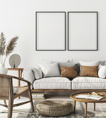 「ソファ、アームチェア、コーヒーテーブル、2つの空白の写真立てを備えたミニマルなリビングルームインテリア」