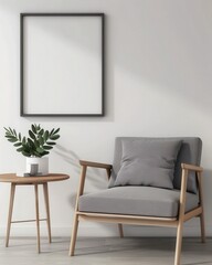 「アームチェア、テーブル、白い壁に垂直に置かれたポスターのモックアップのあるモダンなミニマルインテリア。壁に落ちる日光の影」