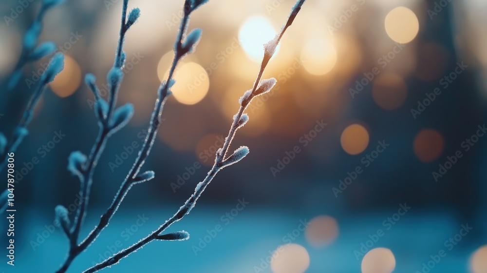 Poster glimmering winter branches covered in frost and ice against a backdrop of a soft blurred glowing bok