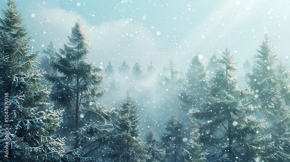 Aufkleber pine trees stand tall in a winter landscape, blanketed in snow as soft flakes gently fall, creating 