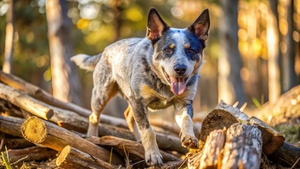 Naklejka premium A blue heeler dog with a happy expression runs over a pile of fallen logs in the forest.