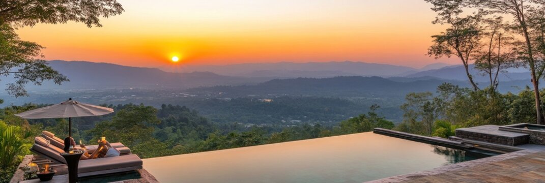 Couple relaxing by infinity pool overlooking sunset mountains. - Powered by Adobe