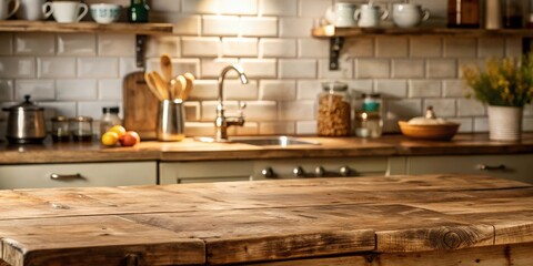 Rustic Wooden Tabletop with a Blurred Kitchen Background of White Tile and a Vintage Faucet