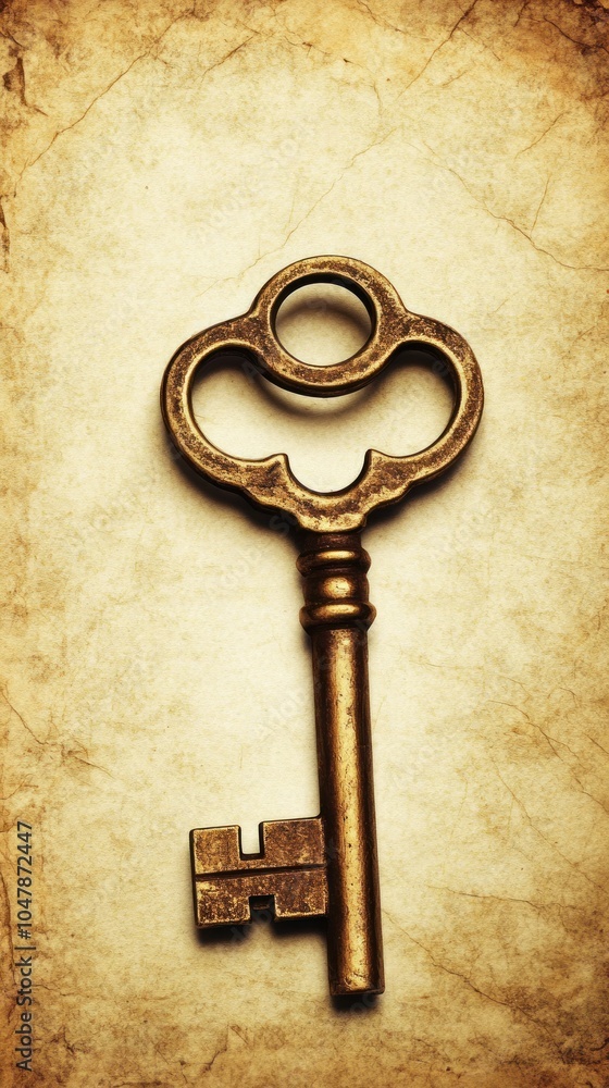 Sticker A single antique brass key on a vintage parchment background.