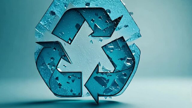 A modern recycling symbol crafted from broken glass pieces stands out against a soft blue backdrop, emphasizing sustainability and environmental consciousness.