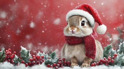 Cute Rabbit in Christmas Hat and Scarf with Holly Background