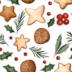 A festive pattern featuring star and round gingerbread cookies, red berries, and green holly leaves on a white background.