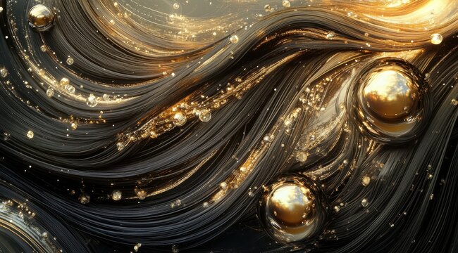 A close-up of hair strands with gold and silver spheres, under light illumination, highlighting individual hairs and scales.