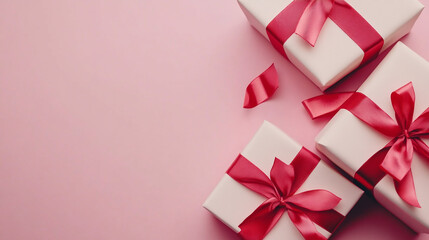 Festive Valentine's Day gifts wrapped in pink and red ribbons on a soft pastel background