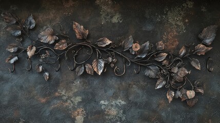 Intricate metal art: decorative vine with leaves on textured background
